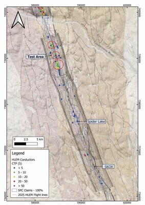 Figure 3: Geological map of the Feeder Dyke displaying the flightlines of the 2025 HELITEM survey and the EM conductors color coded based on conductor grade as well as the Test Area (Figure 5). (CNW Group/SPC Nickel Corp.) Figure 3: Geological map of the Feeder Dyke displaying the flightlines of the 2025 HELITEM survey and the EM conductors color coded based on conductor grade as well as the Test Area (Figure 5). (CNW Group/SPC Nickel Corp.)
