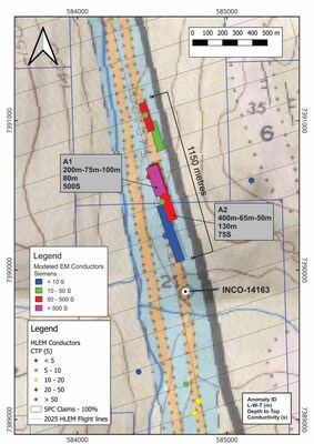 Figure 5: Muskox Feeder Dyke ‘Target Area’ showing the location and properties of the modeled HELITEM anomalies. (CNW Group/SPC Nickel Corp.) Figure 5: Muskox Feeder Dyke ‘Target Area’ showing the location and properties of the modeled HELITEM anomalies. (CNW Group/SPC Nickel Corp.)