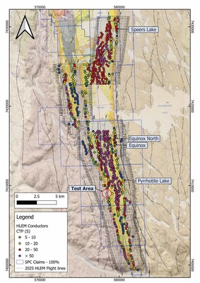 Figure 1: Geological map of the main Muskox Intrusion displaying the flightlines of the 2025 HELITEM survey and all the EM conductors color coded based on conductor grade as well as the Test Area (Figure 4). (CNW Group/SPC Nickel Corp.) Figure 1: Geological map of the main Muskox Intrusion displaying the flightlines of the 2025 HELITEM survey and all the EM conductors color coded based on conductor grade as well as the Test Area (Figure 4). (CNW Group/SPC Nickel Corp.)