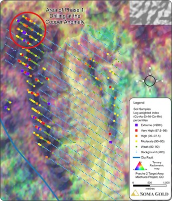 Figure 3: Cu-Au-Zn-Ni-Co-Mn index of soil geochemistry overlain on a radiometric ternary map (CNW Group/Soma Gold Corp.)