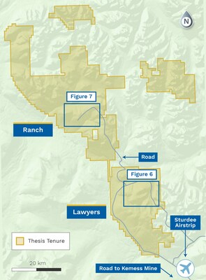 Figure 5: Regional Map of Thesis Claims and the Lawyers and Ranch Sites (CNW Group/Thesis Gold Inc.) Figure 5: Regional Map of Thesis Claims and the Lawyers and Ranch Sites (CNW Group/Thesis Gold Inc.)