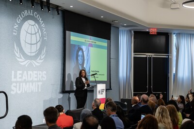 UN Global Compact-ASG Sanda Ojiambo speaking at Leaders Summit 2025