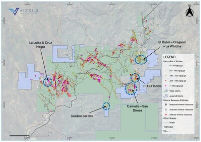 Figure 2. Panuco district (green) with known vein traces (targets) potentially extending into the Strategic Claims (blue). (CNW Group/Vizsla Silver Corp.)