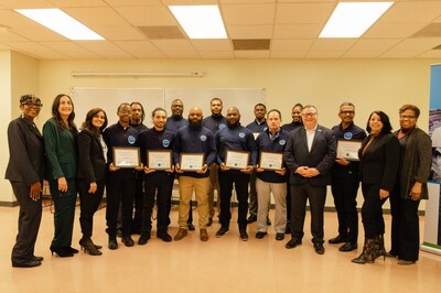 New Jersey American Water's 2025 Water UP! Graduation Ceremony. Pictured from L to R: Doreene M. Bennett, program manager of workforce development, New Jersey American Water; Cathy Skelley, Essex County College; Sanghamitra Choudhury, Essex County College; Water UP! Graduates; Mark McDonough, president, New Jersey American Water; Adelaida Ramos-Lopez, Essex County College; and Karen S. Gaylord, executive director, Newark Workforce Development Board.