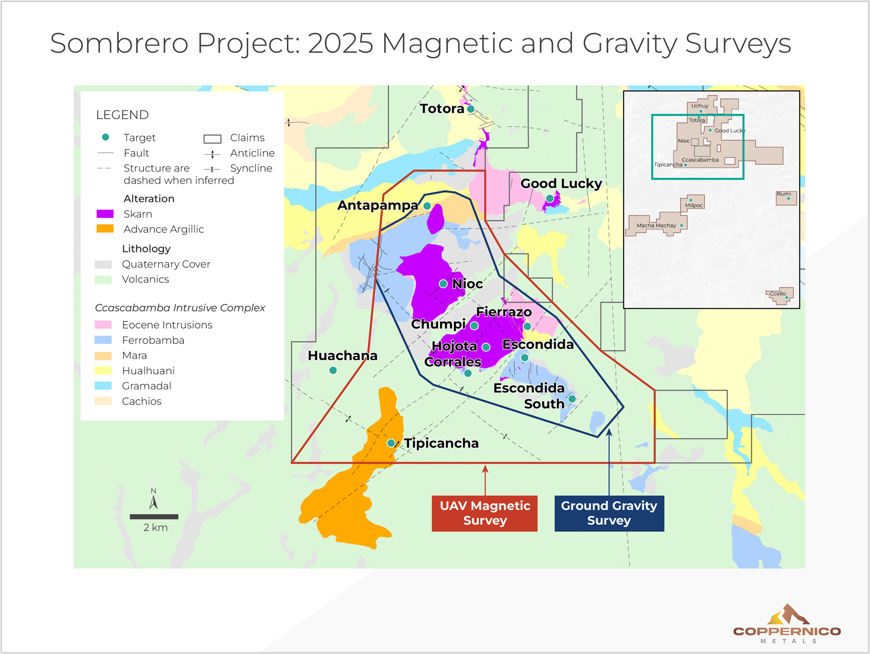 Outline of 2025 planned magnetic and gravity survey areas across the Sombrero Project.
