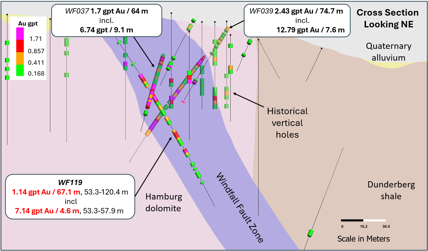 Figure 4. Cross-section of drillhole WF119 showing the extent of new mineralization found in the Windfall Fault Zone; previous results from WF037 and