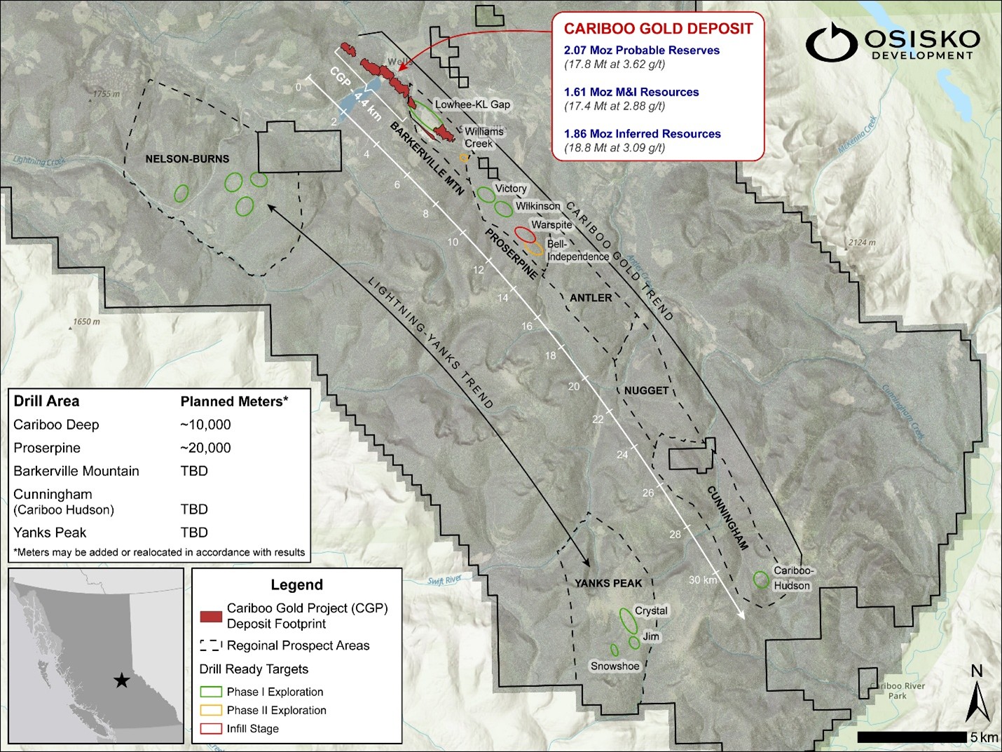 Select Cariboo Gold regional prospect areas and drill ready priority targets for 2025/2026.
