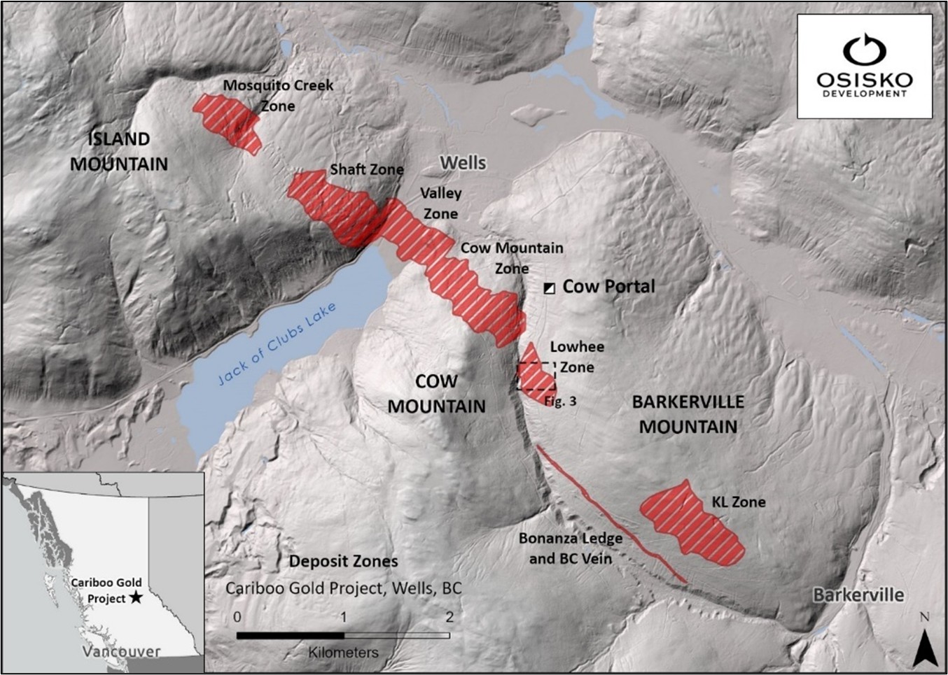 Cariboo Gold Project deposit map with Location of Lowhee Zone and Cow Portal underground access.