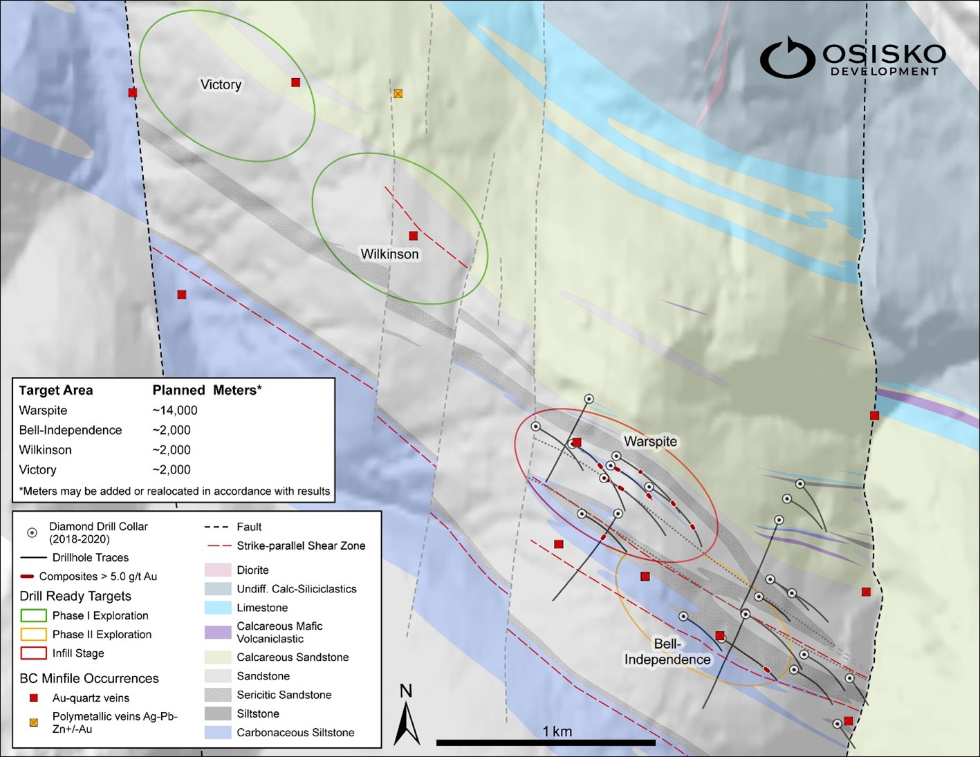 Full strike length of the Proserpine Mountain target and the general footprints of the infill stage (Warspite) and Phase 1 (Victory / Wilkinson) and Phase 2 (Bell-Independence) exploration target areas.