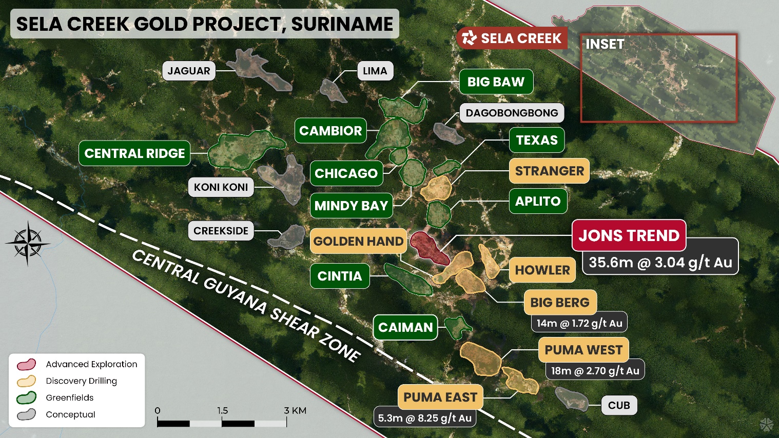 Figure 1. Prospect areas on Sela Creek as re-defined by Miata’s technical team, provide clear direction for the discovery drilling in 2026.