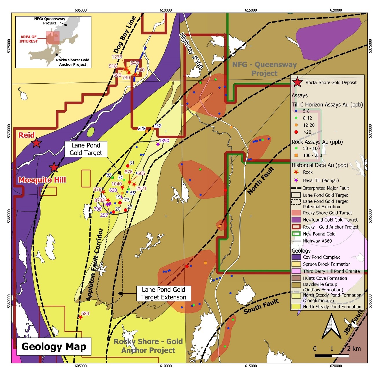 Map 2: Area Geology, Deposits, Fault Lines and Gold Targets
