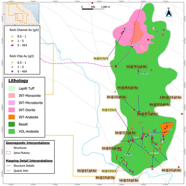 Preliminary Geologic Map of Isina Vein Target with Selected Channel Samples