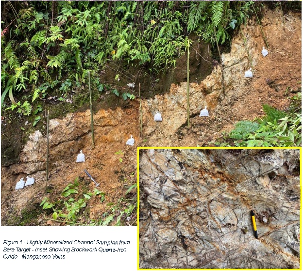 Highly Mineralized Channel Samples from Bara Target - Inset Showing Stockwork Quartz-Iron Oxide - Manganese Veins