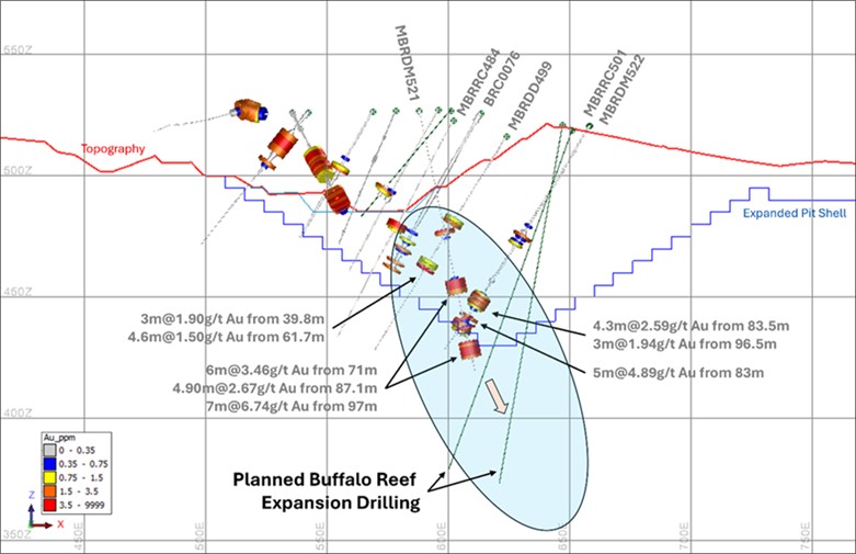 Typical cross section through Buffalo Reef Central Pit 2 and Pit 3 gap at 3650mN looking north (80m wide window, note the limited drilling).