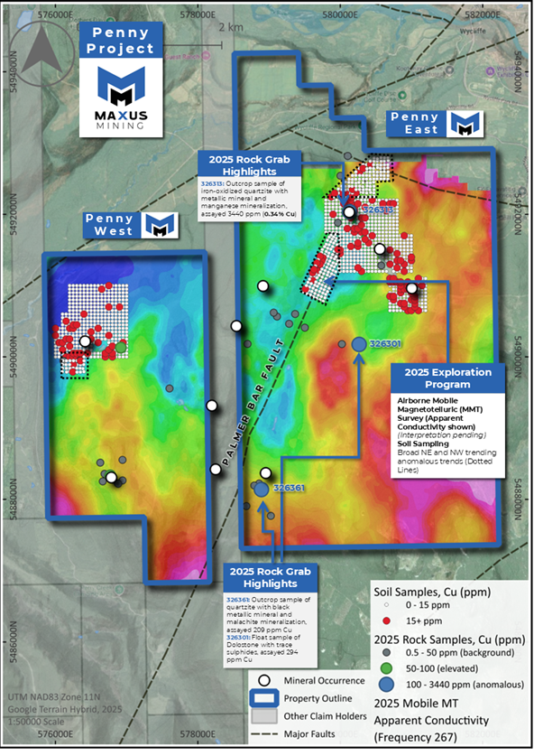 Penny Project MobileMT Survey overlain with 2025 Field Sampling Highlights
