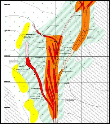 Figure 2a) Geological map at Calabozo prospect showing Vein widths and alteration, squares represent 100m width