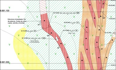 Figure 2b) closer look at the 10-15m target (1) width with trenches of 6m @ 407g/t Ag, 2.94% Cu and 0.72g/t Au and 7m @46g/t Ag, 0.34g/t Au (Dec’19 Report on La Veta Larga Project, by unknown author, 55p).