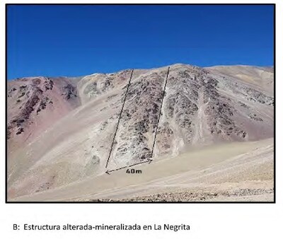 Figure 3) Potential width of target zone at La Negrita with 421g/t AgEq av. Grade reported from surface sampling (Dec’19 Geology Report)
