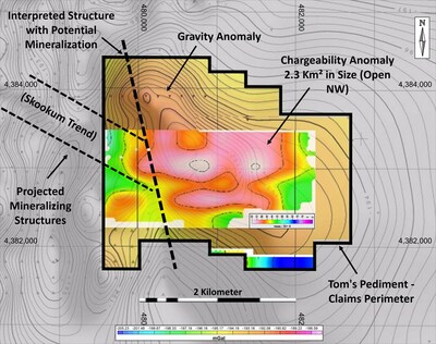 Figure 1 – Chargeability depth slice at a depth of 250-400m with gravity high. (CNW Group/Black Mammoth Metals Corp)
