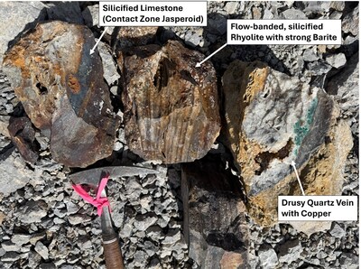 Figure 2 – High-Grade Silver Samples from Silicified Rhyolite and Limestone, as well as Quartz Veins with Copper from the Mine Waste Dump. (CNW Group/Black Mammoth Metals Corp) Figure 2 – High-Grade Silver Samples from Silicified Rhyolite and Limestone, as well as Quartz Veins with Copper from the Mine Waste Dump. (CNW Group/Black Mammoth Metals Corp)
