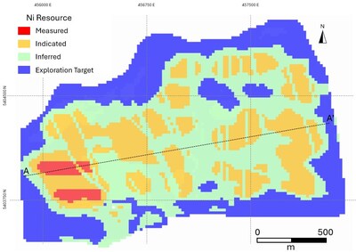 Figure 3 – Plan View of the Reid Block Model showing categorized resources. (CNW Group/Canada Nickel Company Inc.) Figure 3 – Plan View of the Reid Block Model showing categorized resources. (CNW Group/Canada Nickel Company Inc.)