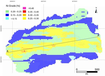 Figure 4 – Plan View of the Reid Block Model showing % nickel grade distribution. (CNW Group/Canada Nickel Company Inc.) Figure 4 – Plan View of the Reid Block Model showing % nickel grade distribution. (CNW Group/Canada Nickel Company Inc.)