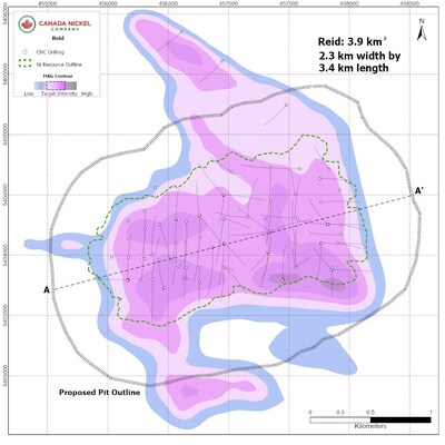 Figure 1 – Plan View of Reid Nickel Sulphide Resources, Reid Nickel Sulphide Project, Ontario. Section A-A’ is shown in Figure 2. (CNW Group/Canada Nickel Company Inc.) Figure 1 – Plan View of Reid Nickel Sulphide Resources, Reid Nickel Sulphide Project, Ontario. Section A-A’ is shown in Figure 2. (CNW Group/Canada Nickel Company Inc.)