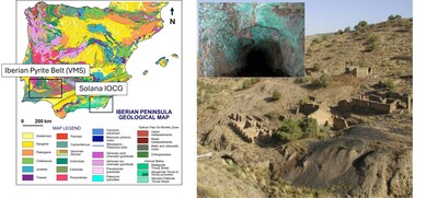 Figure 1. Regional geological setting of the Solana project (Spanish Geological Survey – IGME; LHS), together with an overview of the former Cerro de Gallo mining operations (and an interior view of the main mine access at Cerro de Gallo)(RHS). (CNW Group/Capella Minerals Limited)