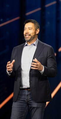 Caterpillar CEO Joe Creed delivers a keynote at CES 2026 in Las Vegas.