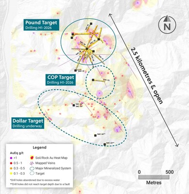 Figure 4: Plan View of the San Antonio Project Highlighting Drilling and Geochemical Results of the Various Targets Along a Multi-Kilometre Mineralized Corridor (CNW Group/Collective Mining Ltd.)