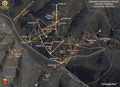 Figure 1: Fondaway Canyon Central Area drill location plan map with gold grades (CNW Group/Getchell Gold Corp.) Figure 1: Fondaway Canyon Central Area drill location plan map with gold grades (CNW Group/Getchell Gold Corp.)