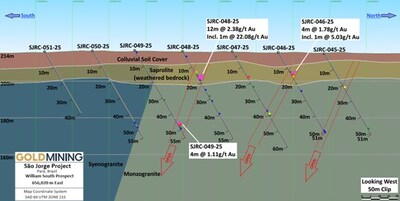 Figure 3 William South drilling cross section at 656,020 East, looking west showing RC drill assay results. (CNW Group/GoldMining Inc.)