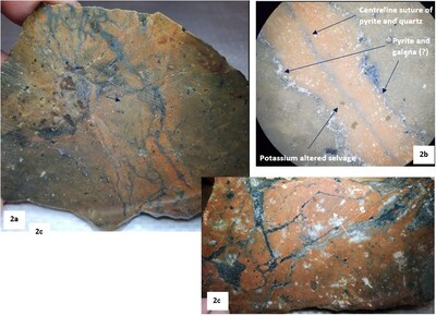 Figure 2a. Quartz-pyrite stockwork veining associated with strong potassium alteration of rhyolite and, Figure 2b, B-type vein (?) with pyrite along centreline, strong potassic altered margins and minor galena or molybdenite. Figure 2c. Crackled brecciated rhyolite with sphalerite-filled fractures (zinc sulphide) and pyrite veins. (CNW Group/Northern Shield Resources Inc.)