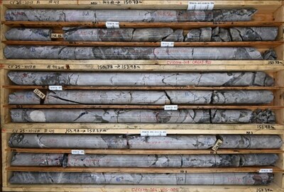 Figure 5: Abundant, large, and near-inclusion free spodumene crystals in drill hole CV25-1017A from the Vega Zone at the CV13 Pegmatite. Core grades 7.0 m at 6.04% Li2O (from 150.3 m to 157.3 m) within a wider mineralized interval of 24.7 m at 4.00% Li2O (146.0 m to 170.7 m). (CNW Group/PMET Resources Inc.)
