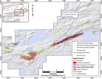 Figure 1: Drill holes completed through 2025 at the Shaakichiuwaanaan Property. (CNW Group/PMET Resources Inc.)