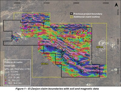 Figure 1 - El Zanjon claim boundaries with soil and magnetic data (CNW Group/Targa Exploration Corp.)