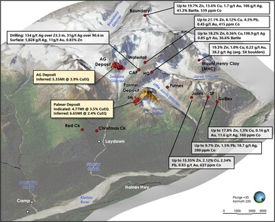 Figure 1: Southwest looking view of the Palmer Project showing the distribution of under-explored high-grade exploration targets. See references below for sources of data. (CNW Group/Vizsla Copper Corp.)