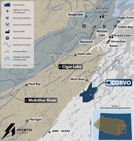 Regional map of the Corvo Project. The Project is located 60 km due east of Cameco’s McArthur River mine and 45 km northeast of Atha Energy’s Gemini Mineralized Zone (“GMZ”).