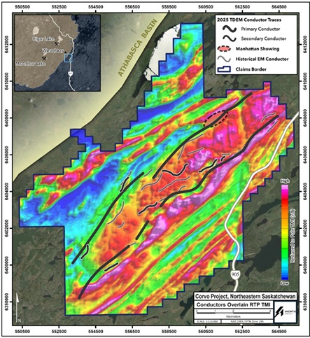 Summary map showing EM conductor trends on the Corvo project and highlighting the Manhattan Showing, with Reduced-To-Pole Total Magnetic Intensity in the background.