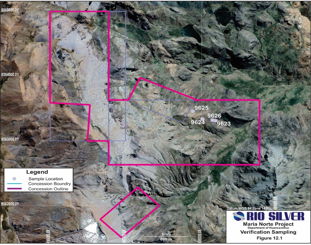 Map outlining concession boundaries and surface verification sampling locations at Rio Silver’s Maria Norte high-grade silver project in central Peru.
