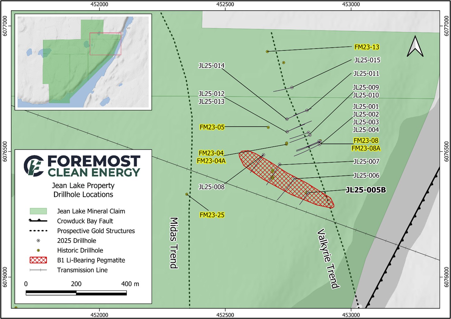 Jean Lake 2025 Drillholes and 2023 Resampled Drillhole Locations