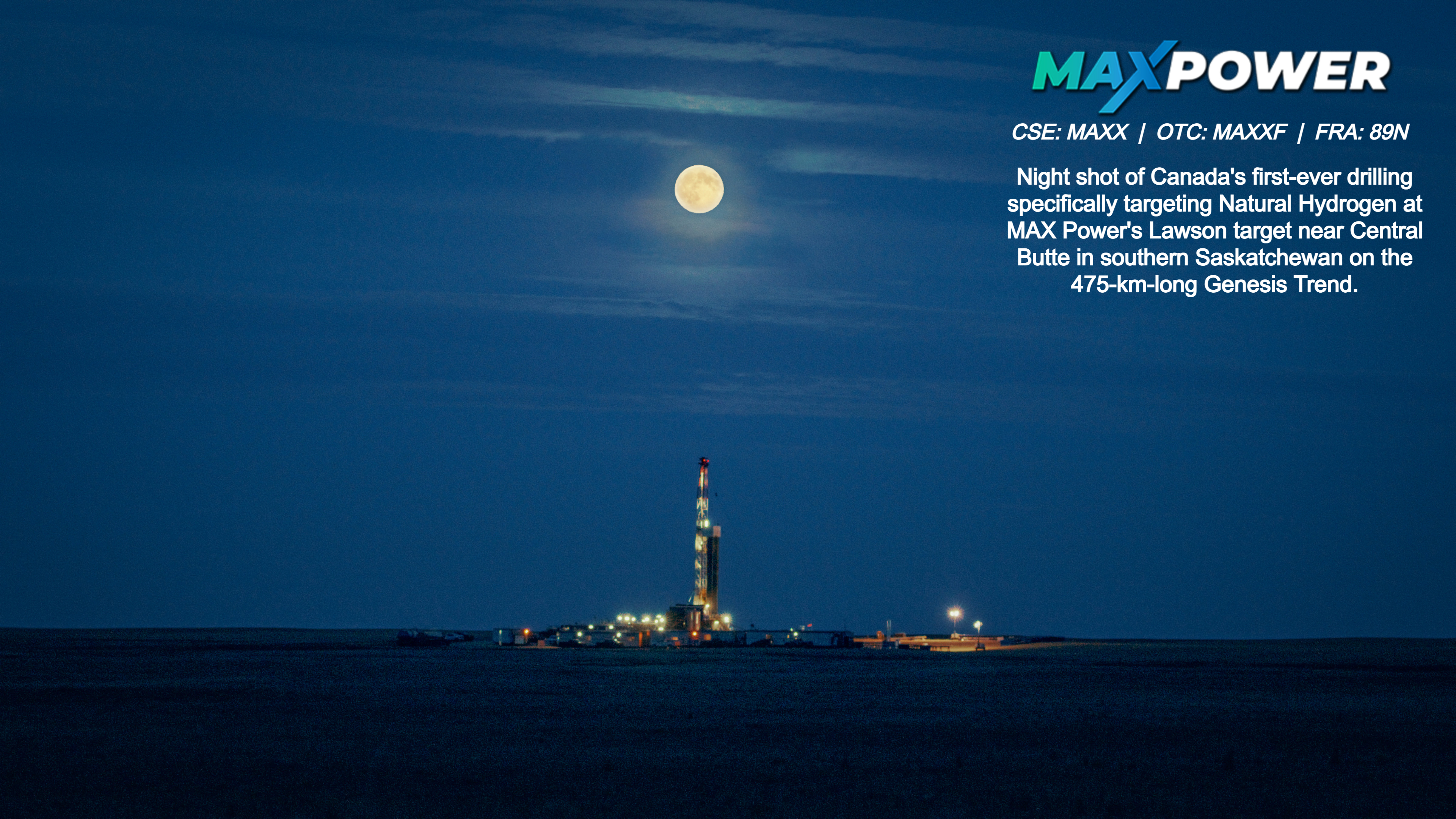 Night shot of Canada's first-ever drilling specifically targeted Natural Hydrogen at MAX Power's Lawson target
