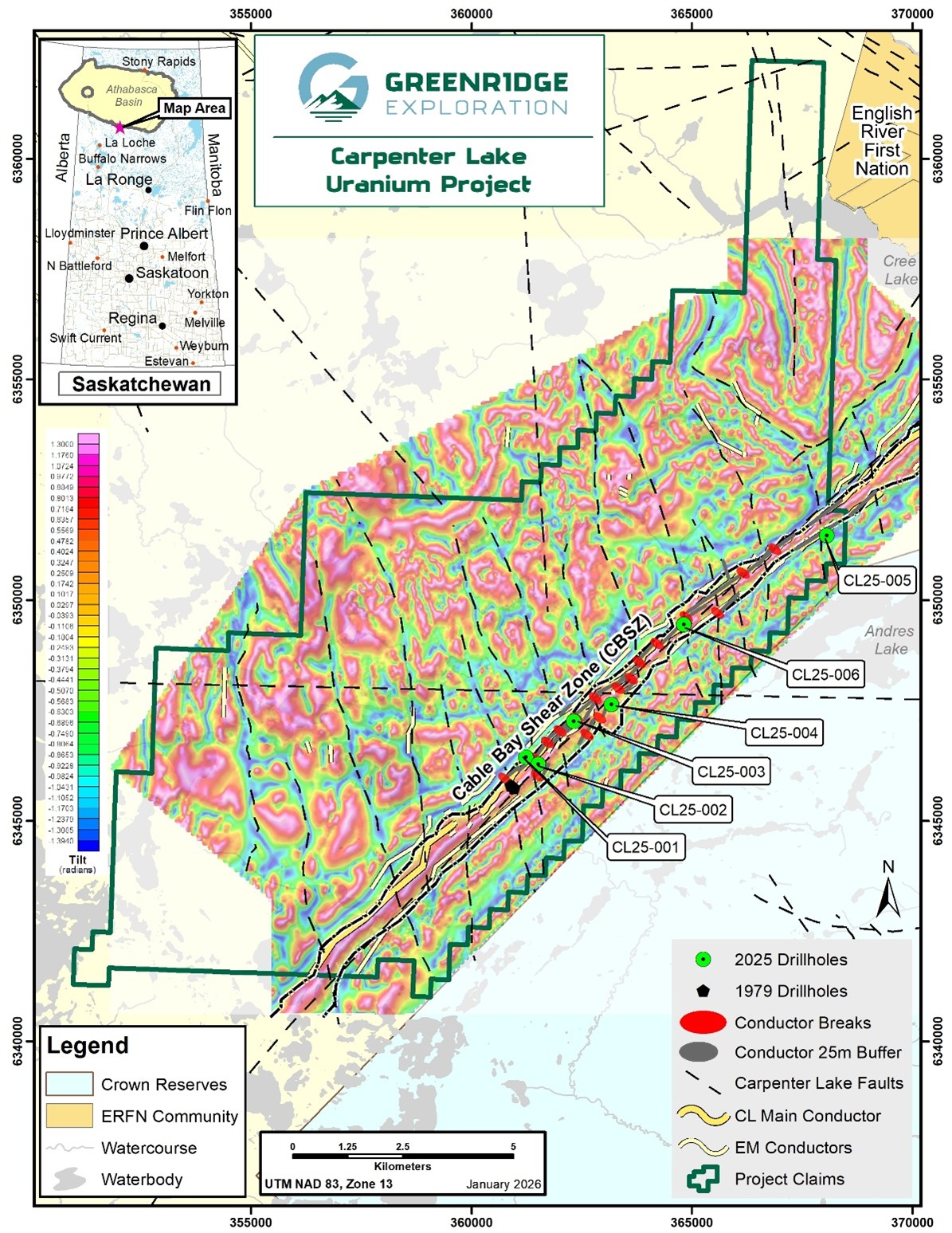 Carpenter Lake 2025 Drill Hole Locations structural elements.