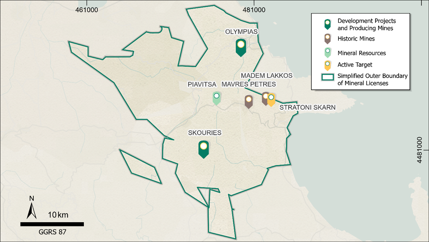 Map showing the Kassandra mining district licence area and locations of projects referred to in this news release.