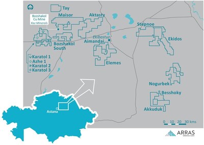 Figure 13: Arras Minerals Elemes Project and project portfolio with reference to the Bozshakol copper mine located in Pavlodar, Northeastern Kazakhstan(1) (CNW Group/Arras Minerals Corp.) Figure 13: Arras Minerals Elemes Project and project portfolio with reference to the Bozshakol copper mine located in Pavlodar, Northeastern Kazakhstan(1) (CNW Group/Arras Minerals Corp.)