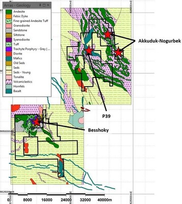 Figure 7: Akkuduk licenses with principal targets overlain on interpreted geology. (CNW Group/Arras Minerals Corp.) Figure 7: Akkuduk licenses with principal targets overlain on interpreted geology. (CNW Group/Arras Minerals Corp.)