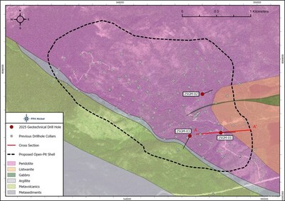 Figure 1: Baptiste Plan Map with 2025 Drillhole Collar Locations and proposed open pit (refer to Figure 2 for section A- Aˈ) (CNW Group/FPX Nickel Corp.) Figure 1: Baptiste Plan Map with 2025 Drillhole Collar Locations and proposed open pit (refer to Figure 2 for section A- Aˈ) (CNW Group/FPX Nickel Corp.)