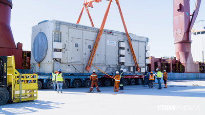 One of more than 160 containers carrying Fermi America’s six Siemens Energy SGT-800 natural gas turbines arriving at the Port of Houston