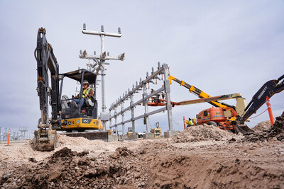 Construction crews install power infrastructure at Fermi America's Project Matador site in Amarillo, Texas, on Feb 13th, 2026, as work advances on the nation's largest private HyperGrid campus