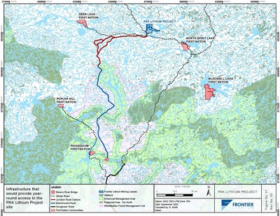 Junction Road alternatives for the PAK Lithium Project are highlighted in red. (CNW Group/Frontier Lithium Inc.)